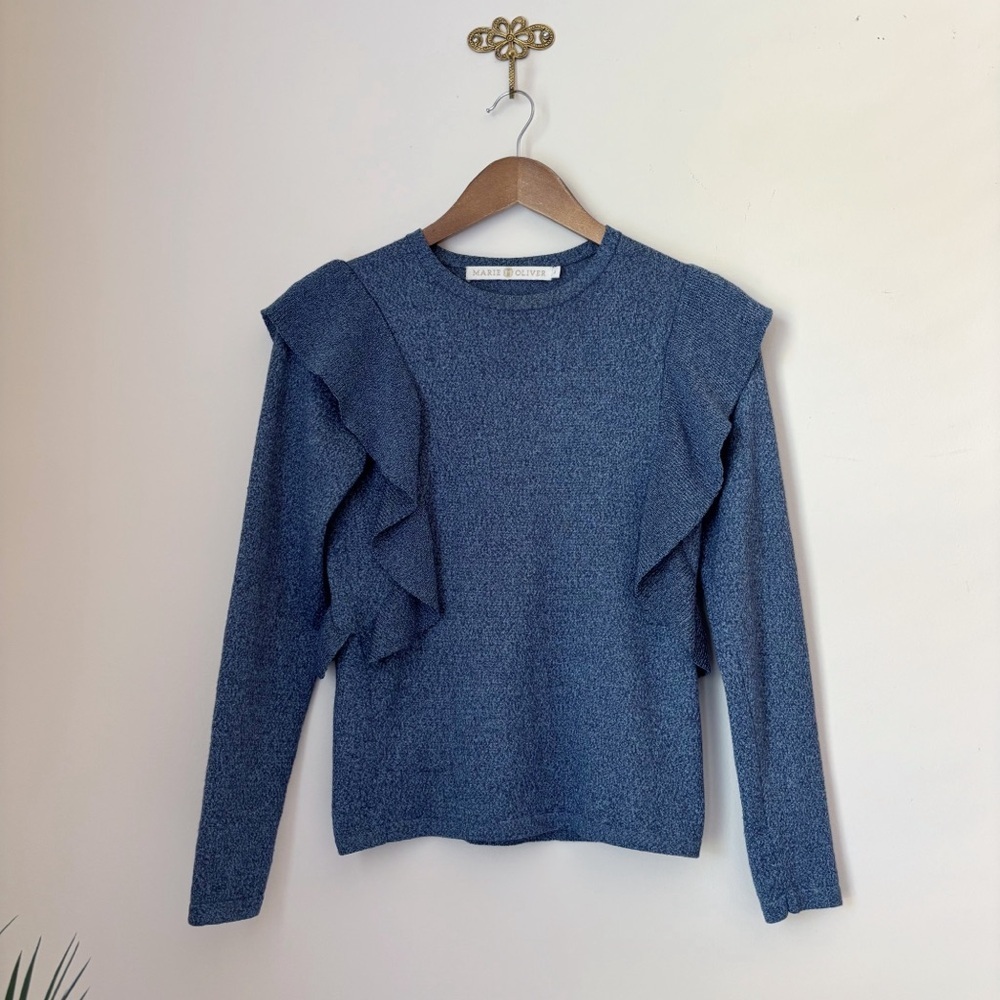Marie Oliver Blue Metallic Ruffle Sweater Knit Top Small Quiet Luxury